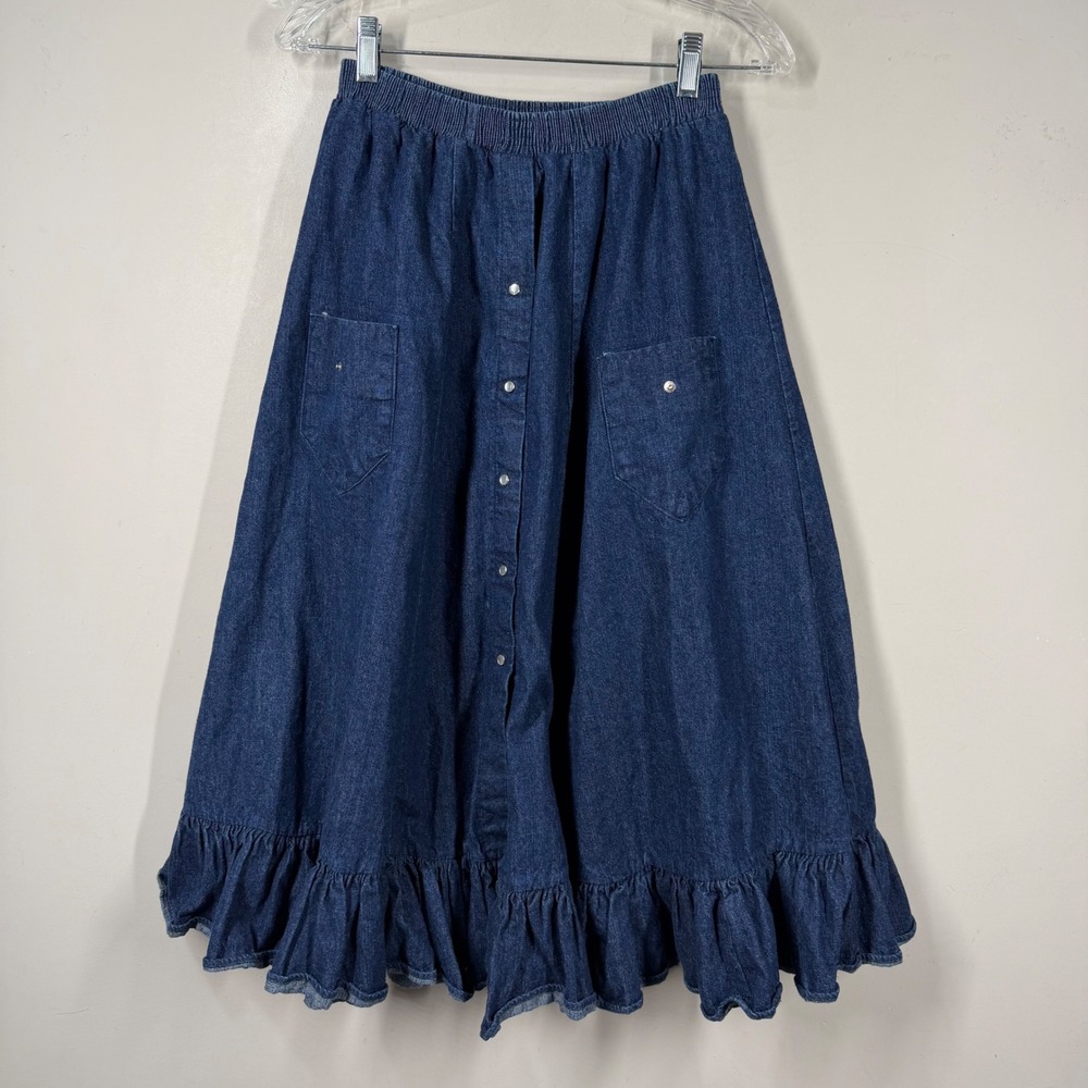 Rockmount Ranch Wear Vintage Denim Snap Front Ruffle Hem Midi Skirt Blue Women M